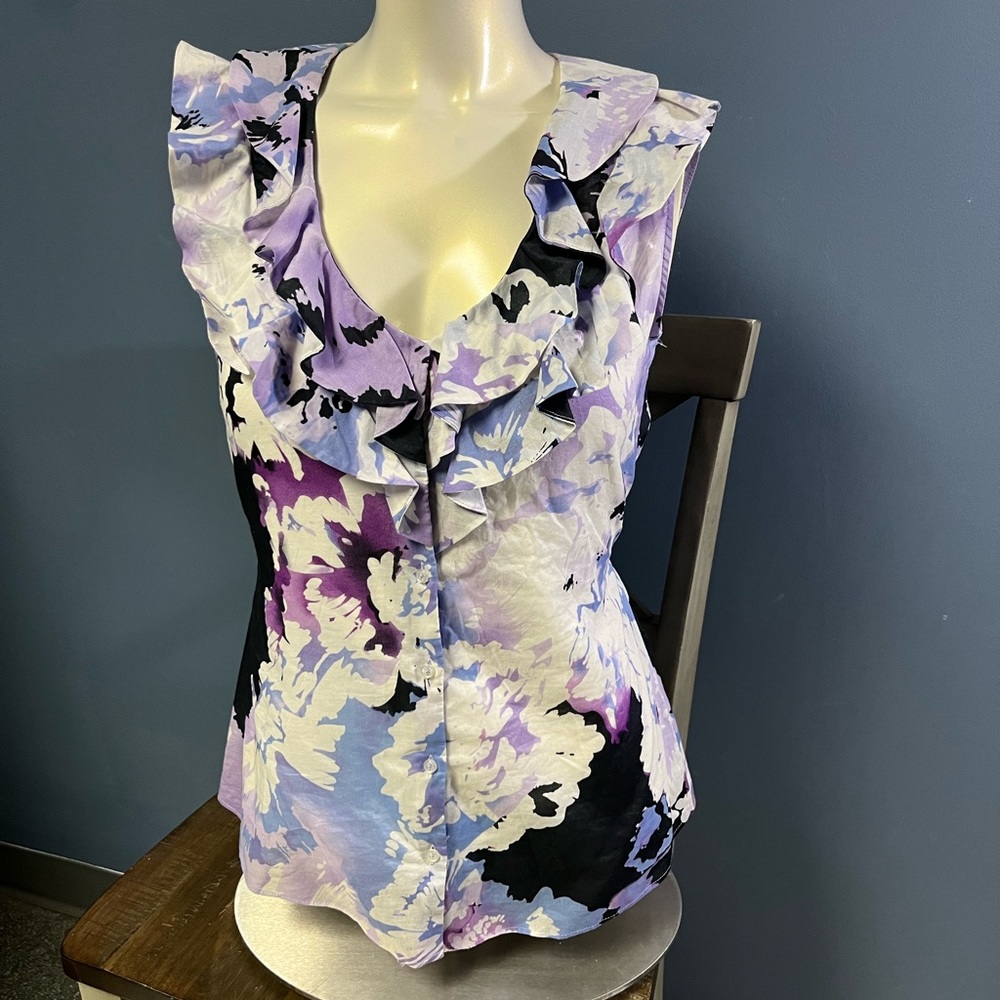 Tahari Petite Lilac Floral Button-Down Sleeveless Shirt